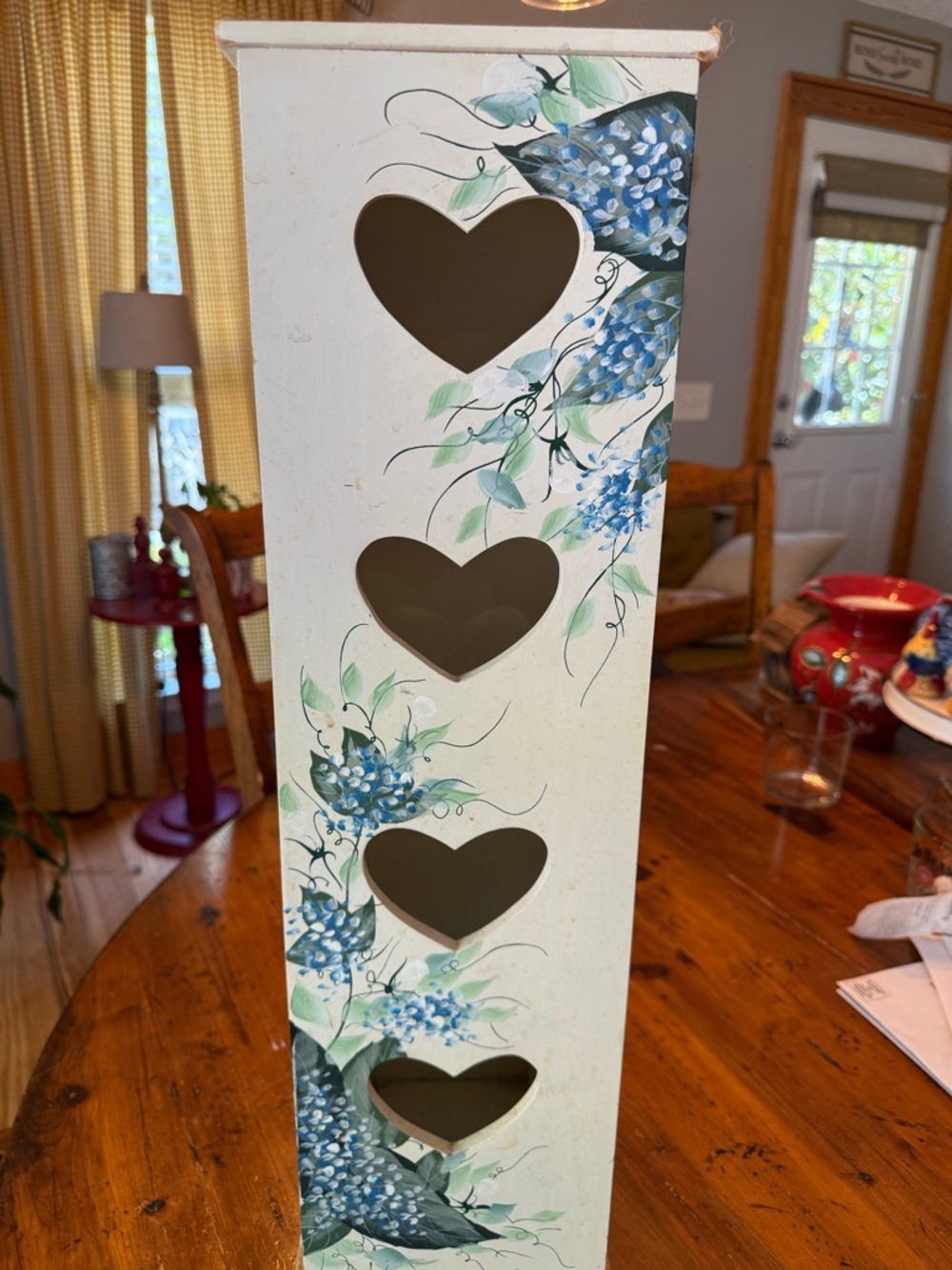 Vintage White Heart Cutout Tissue Holder with Hand-Painted Blue Floral Design